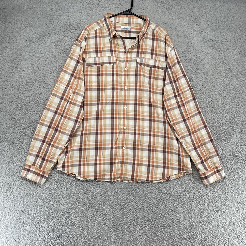 Columbia Plaid Shirt Mens XL Brown Nylon Long Sleeve Button Up Hiking Outdoor